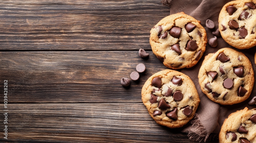 Delicious chocolate chip cookies freshly baked on rustic wooden table Delicious chocolate chip cookies freshly baked on rustic wooden table
