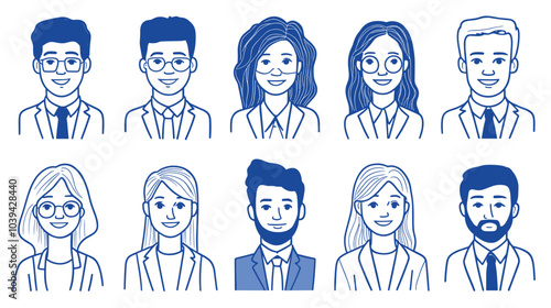Set of diverse cartoon avatars showcasing young professionals in blue outlines.