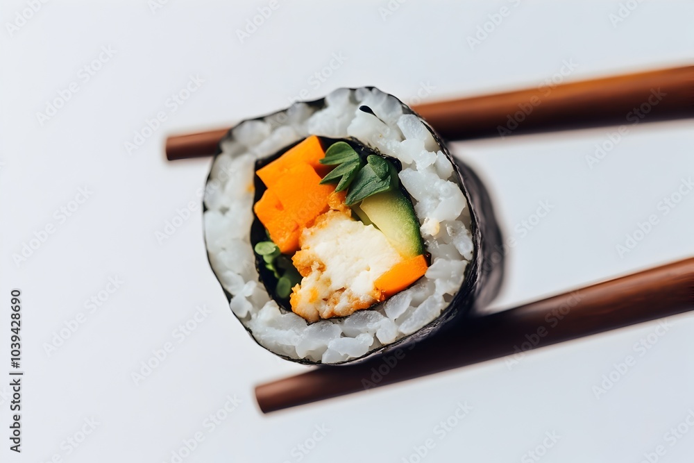 Close up of Visually Appealing Sushi Roll Held by Wooden Chopsticks Against White Background Close up of Visually Appealing Sushi Roll Held by Wooden Chopsticks Against White Background