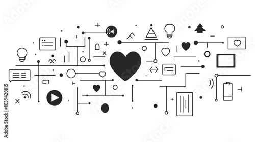 Abstract line art with various icons and symbols, centered around a large heart.