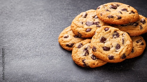 Indulgent chocolate chip cookies, a delicious treat on dark background 