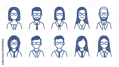 Illustration of diverse male and female office workers with glasses, depicted in a minimalist line art style.
