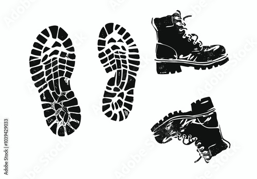 Graphic illustration of rugged hiking boots and their detailed tread pattern on a white background.