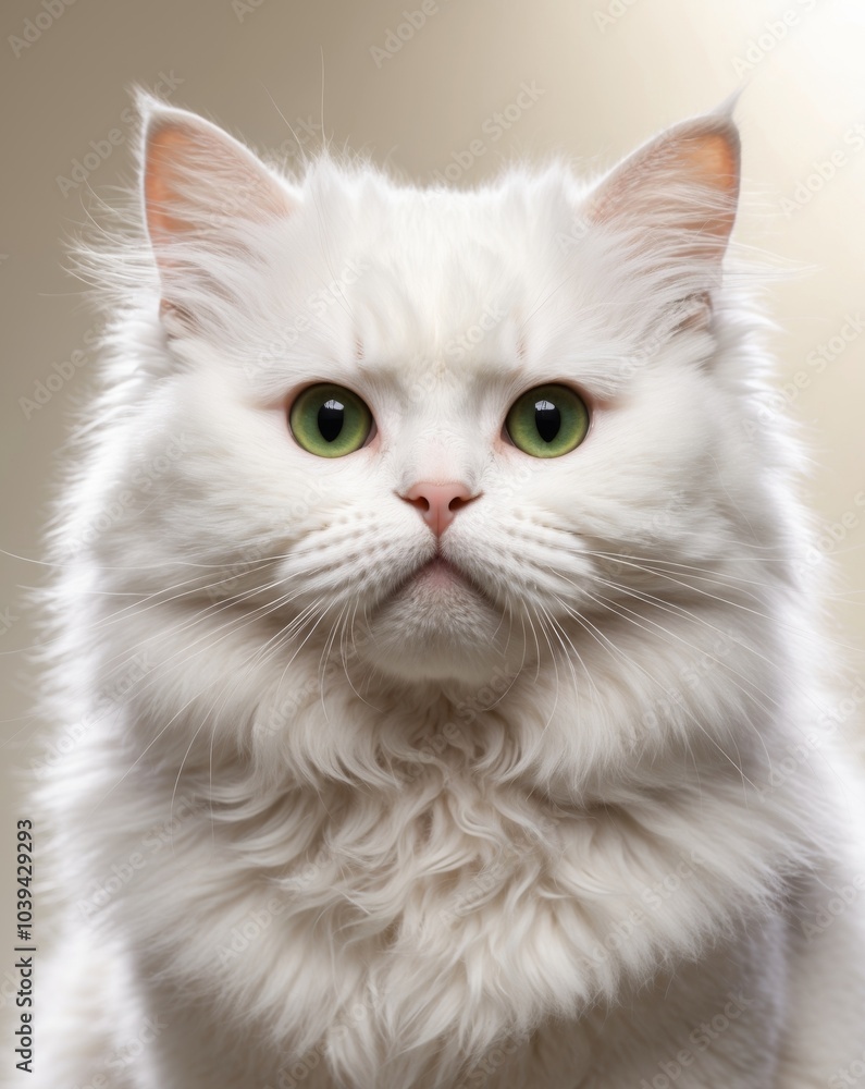 Closeup of a fluffy white cat with green eyes. Closeup of a fluffy white cat with green eyes.