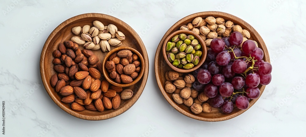 Assortment of Healthy Snacks Almonds, Pistachios, and Grapes in Wooden Bowls on White Marble Assortment of Healthy Snacks Almonds, Pistachios, and Grapes in Wooden Bowls on White Marble
