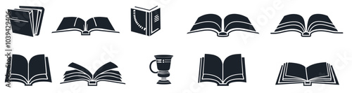 Set of black and white book icons with an additional mug icon in the center.