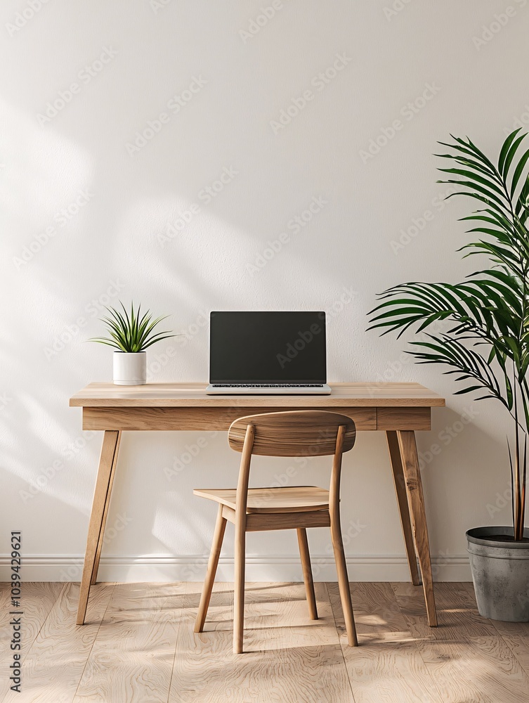 A streamlined workspace with a tidy desk, contemporary laptop, and a touch of greenery designed for optimal efficiency. A streamlined workspace with a tidy desk, contemporary laptop, and a touch of greenery designed for optimal efficiency.
