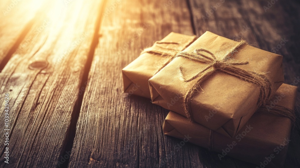 Cheerful Gifts on Rustic Wooden Surface Cheerful Gifts on Rustic Wooden Surface