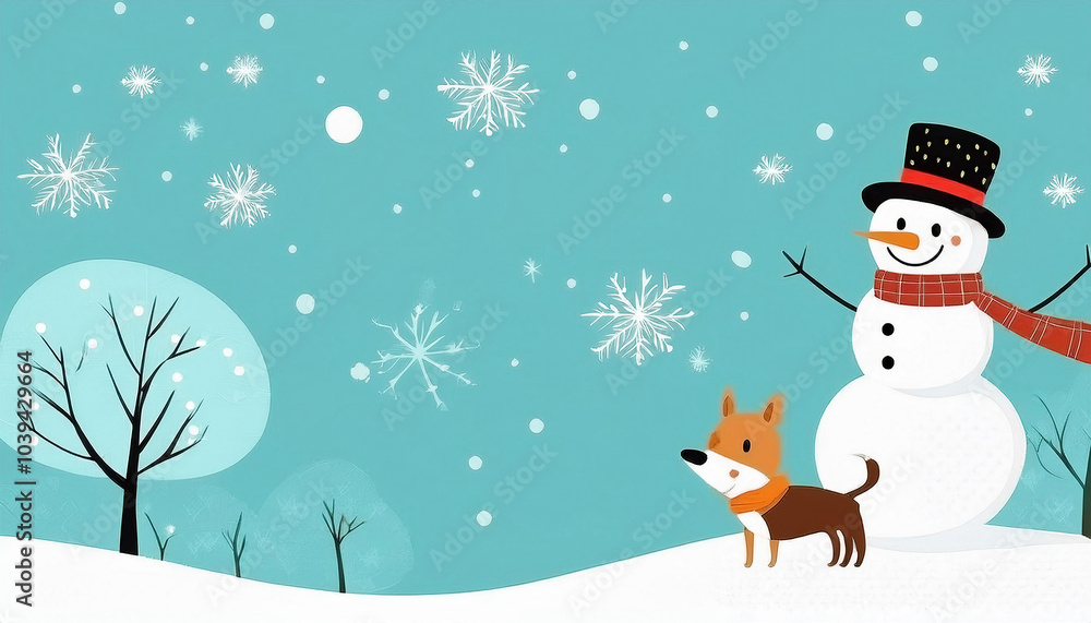Panoramic view of happy snowman and dog in winter landscape with copy space, illustration. Panoramic view of happy snowman and dog in winter landscape with copy space, illustration.