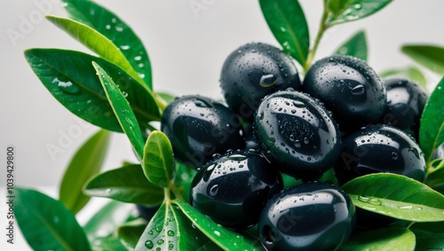 Close up of ripe black olives on the tree surrounded by green leaves and glistening water droplets. photo