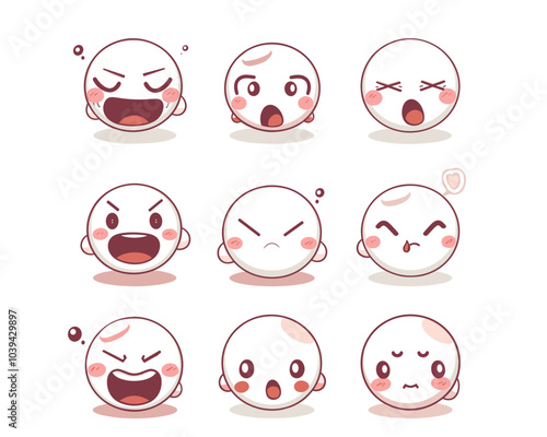 Set of cute round cartoon emoticons expressing various emotions on a white background.