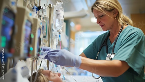 Hospital critical care scenario with a nurse and patient during IV administration.