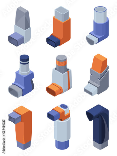 Asthma inhale isometric. Asthma spray realistic icon set. Medical device for treatment respiratory diseases, flu. Inhaler for asthmatic isolated on white background