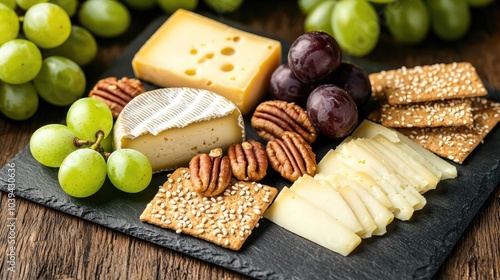 Cheese platter with crackers, grapes, and nuts on a rustic wooden table.