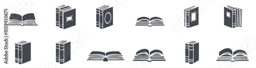 A collection of book icons representing various open and closed book designs in a minimalist black and white style.