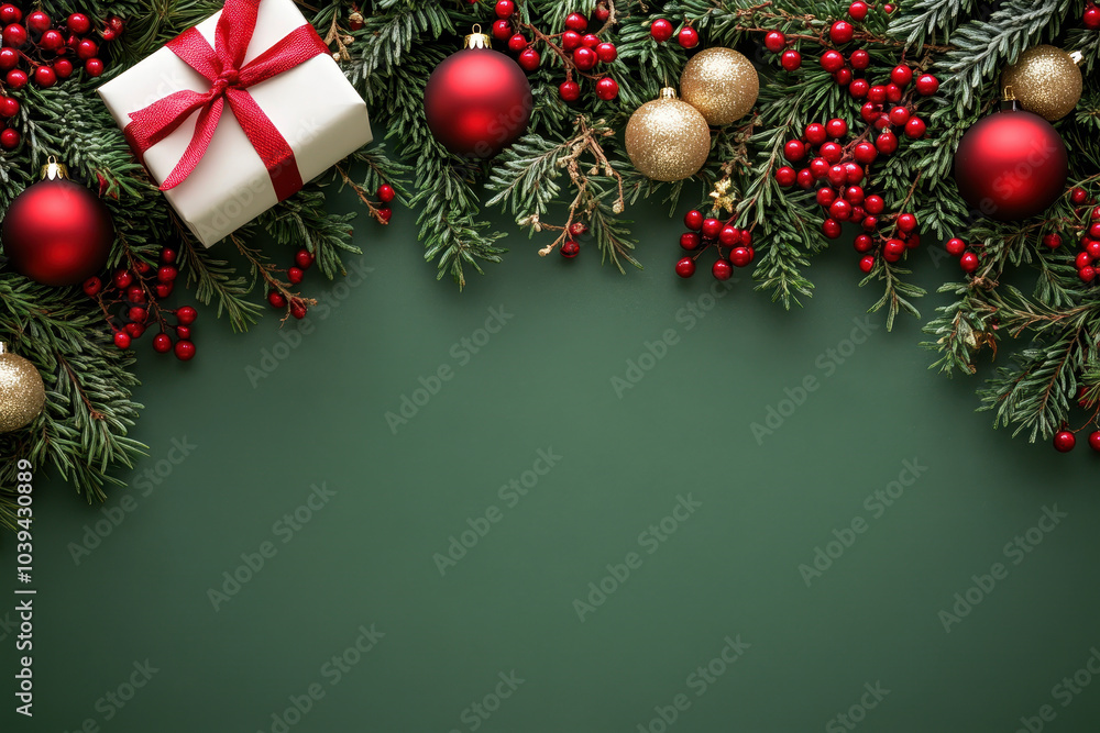 Christmas border composition with gift box , fir branches and red and gold christmas balls on a green background with copy space Christmas border composition with gift box , fir branches and red and gold christmas balls on a green background with copy space