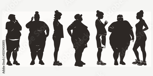 Silhouettes of diverse women of various body shapes in a line, showcasing body positivity and diversity.