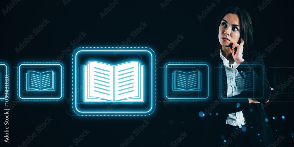 Φωτογραφία Attractive pensive young european woman with creative e-book hologram on dark background