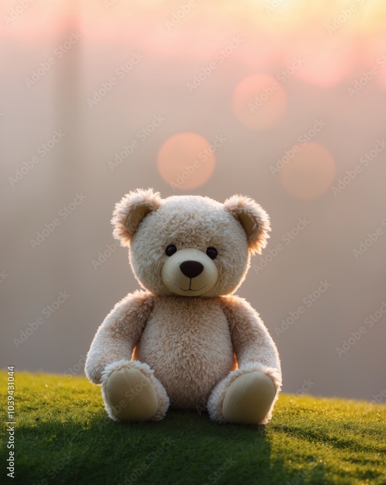 A teddy bear sits on grass at sunset in warm sunlight. A teddy bear sits on grass at sunset in warm sunlight.