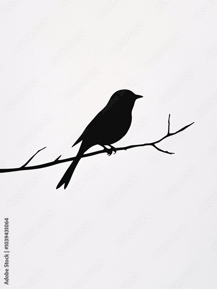 Fototapeta premium A delicate bird silhouette rests elegantly on a pristine white backdrop, highlighting its intricate wing contours and refined shape.