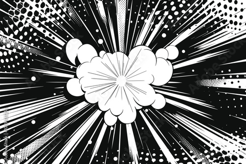 Dynamic black and white comic explosion with starburst effect.