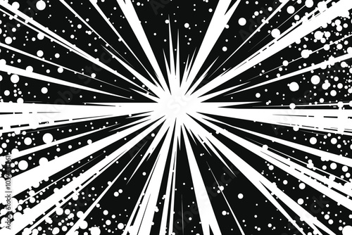 Dynamic black and white explosion graphic with radiating lines and dots creating a burst effect.