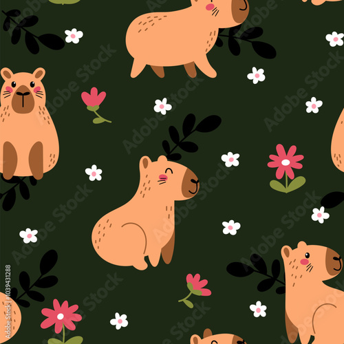 Cute capybara vector seamless pattern