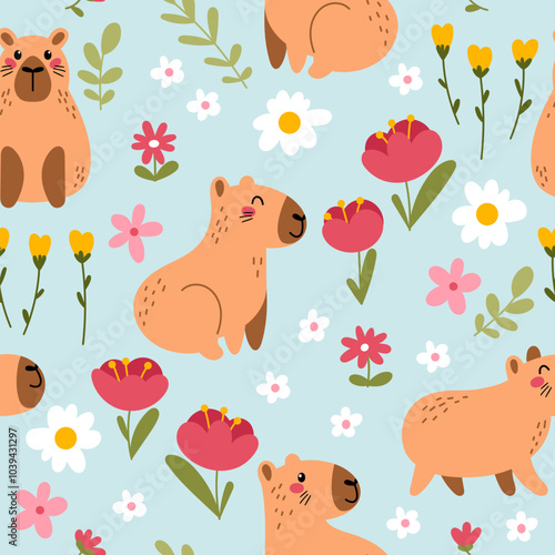 Floral seamless pattern with capybara