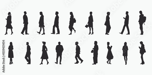 Silhouettes of diverse individuals walking, showcasing different genders and styles.