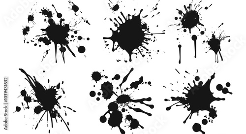 Artistic black ink splatters on a white background, showcasing dynamic abstract patterns.