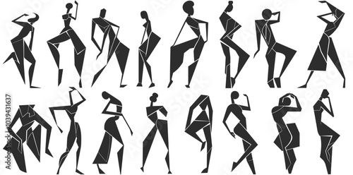 Abstract geometric silhouettes of dancing figures on a white background.