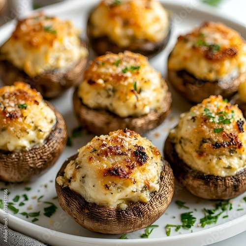 Stuffed mushrooms with cheese and herbs.