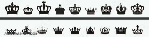 Collection of various ornate crown silhouettes in black on a white background showcasing regal designs.