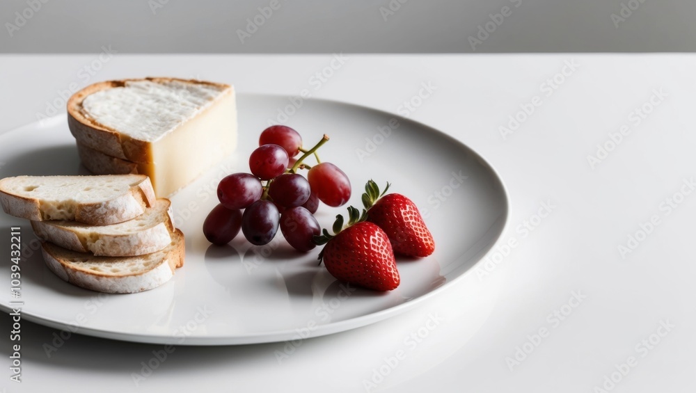 Cheese Plate With Bread Grapes And Strawberries. Cheese Plate With Bread Grapes And Strawberries.
