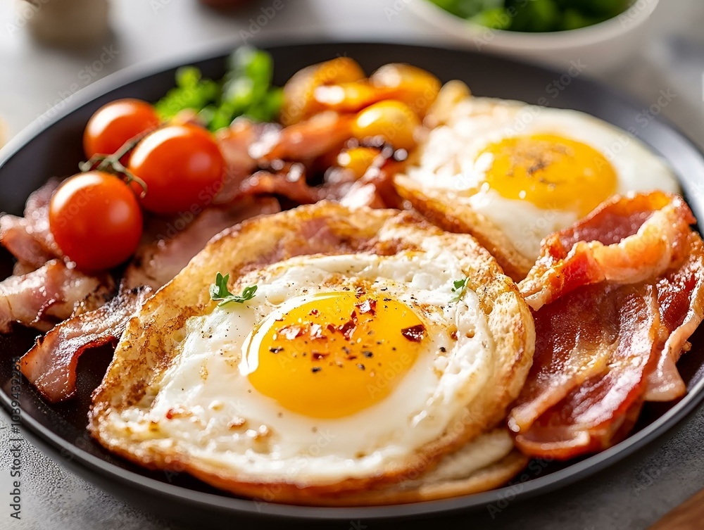 Traditional English breakfast with eggs, bacon, and toast. Traditional English breakfast with eggs, bacon, and toast.