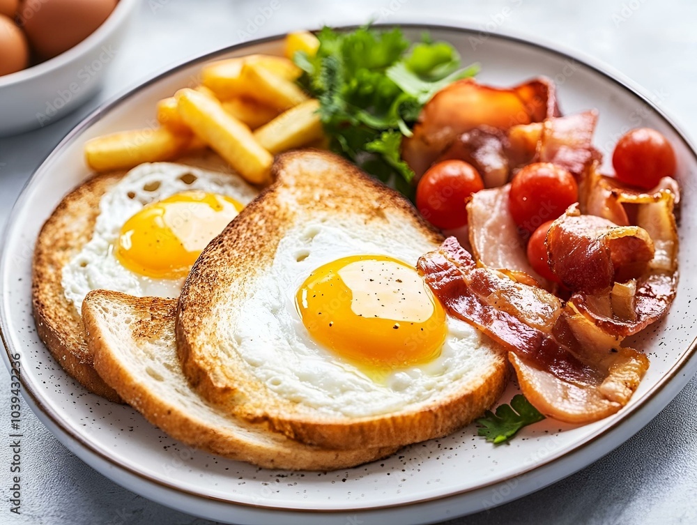 Traditional English breakfast with eggs, bacon, and toast. Traditional English breakfast with eggs, bacon, and toast.