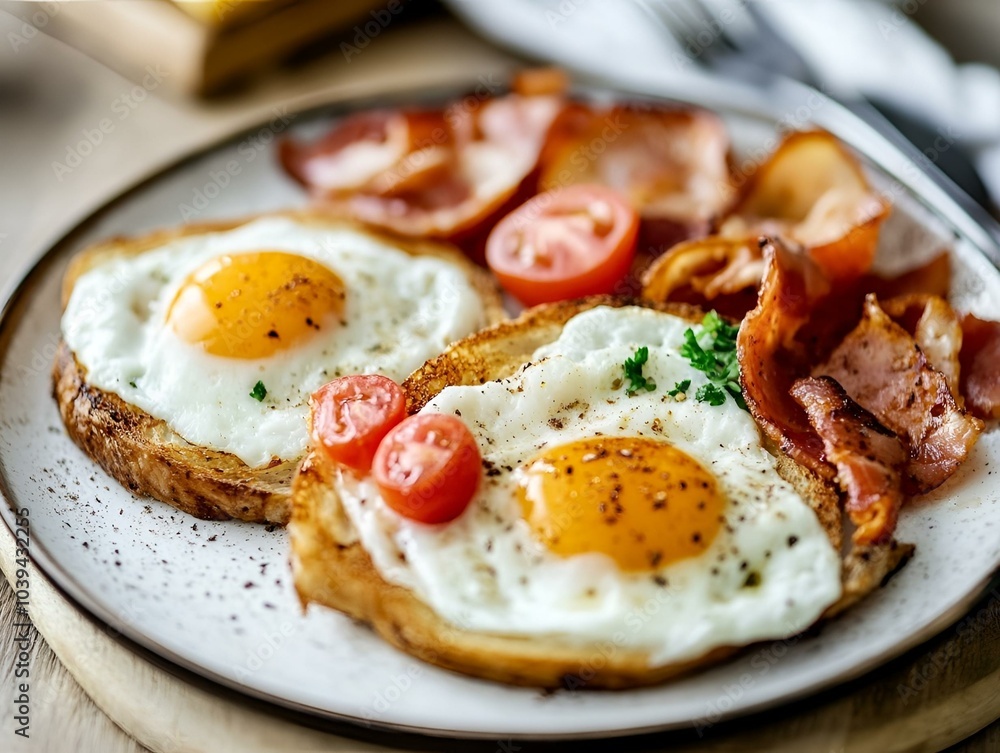Traditional English breakfast with eggs, bacon, and toast. Traditional English breakfast with eggs, bacon, and toast.
