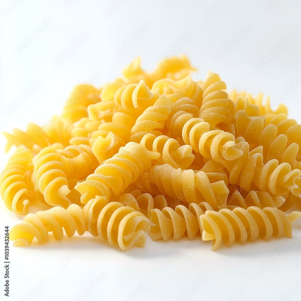 Pile of uncooked fusilli pasta on white background. Pile of uncooked fusilli pasta on white background.