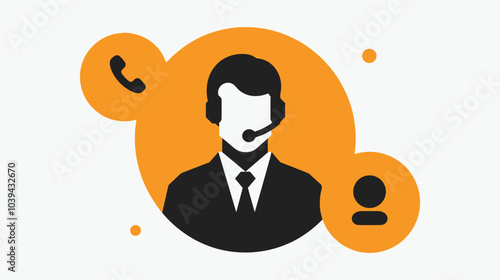 Illustration of a customer service representative with headset and icons on an orange background.