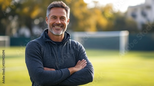 A man with a big smile on his face is standing in a grassy field