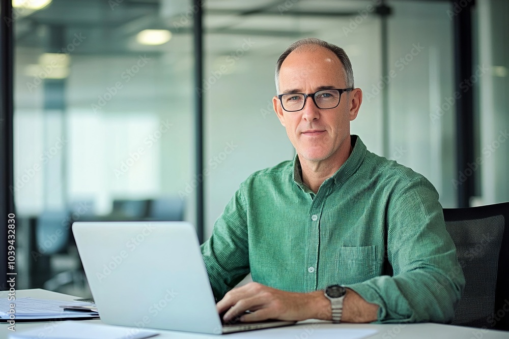 Middle-aged man with glasses working on a laptop at an office desk, blurred glass wall background, wide-angle professional photograph. Middle-aged man with glasses working on a laptop at an office desk, blurred glass wall background, wide-angle professional photograph.
