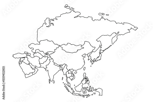 Asia map Outline, Linear Doodle Drawing. for website layouts,background,education, precise,customizable,Travel worldwide,map silhouette backdrop,earth geography, political,reports.