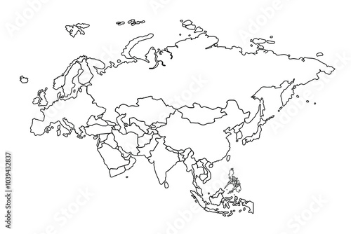 Asia map Outline, Linear Doodle Drawing. for website layouts,background,education, precise,customizable,Travel worldwide,map silhouette backdrop,earth geography, political,reports.