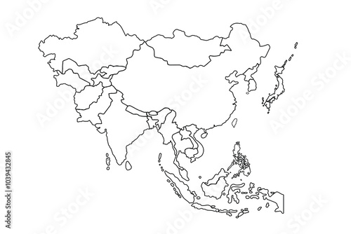 Asia map Outline, Linear Doodle Drawing. for website layouts,background,education, precise,customizable,Travel worldwide,map silhouette backdrop,earth geography, political,reports.