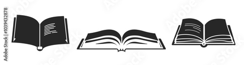 Stylized black and white illustrations of three open books in various orientations.