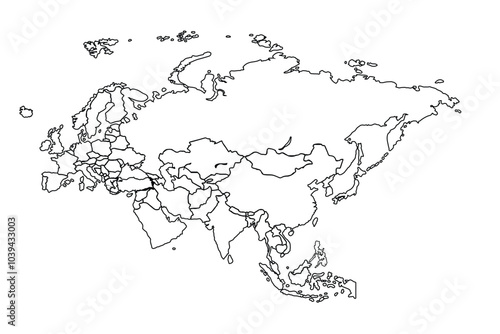 Asia map Outline, Linear Doodle Drawing. for website layouts,background,education, precise,customizable,Travel worldwide,map silhouette backdrop,earth geography, political,reports.