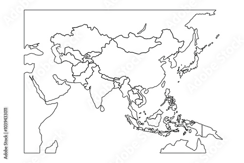 Asia map Outline, Linear Doodle Drawing. for website layouts,background,education, precise,customizable,Travel worldwide,map silhouette backdrop,earth geography, political,reports.
