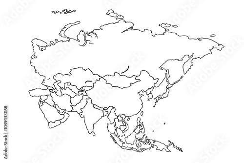 Asia map Outline, Linear Doodle Drawing. for website layouts,background,education, precise,customizable,Travel worldwide,map silhouette backdrop,earth geography, political,reports.
