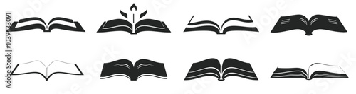 Set of creative open book icons in various styles on a white background.