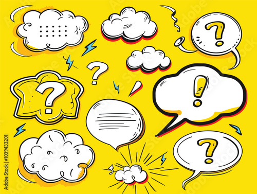 A colorful collection of comic-style speech and thought bubbles on a vibrant yellow background.